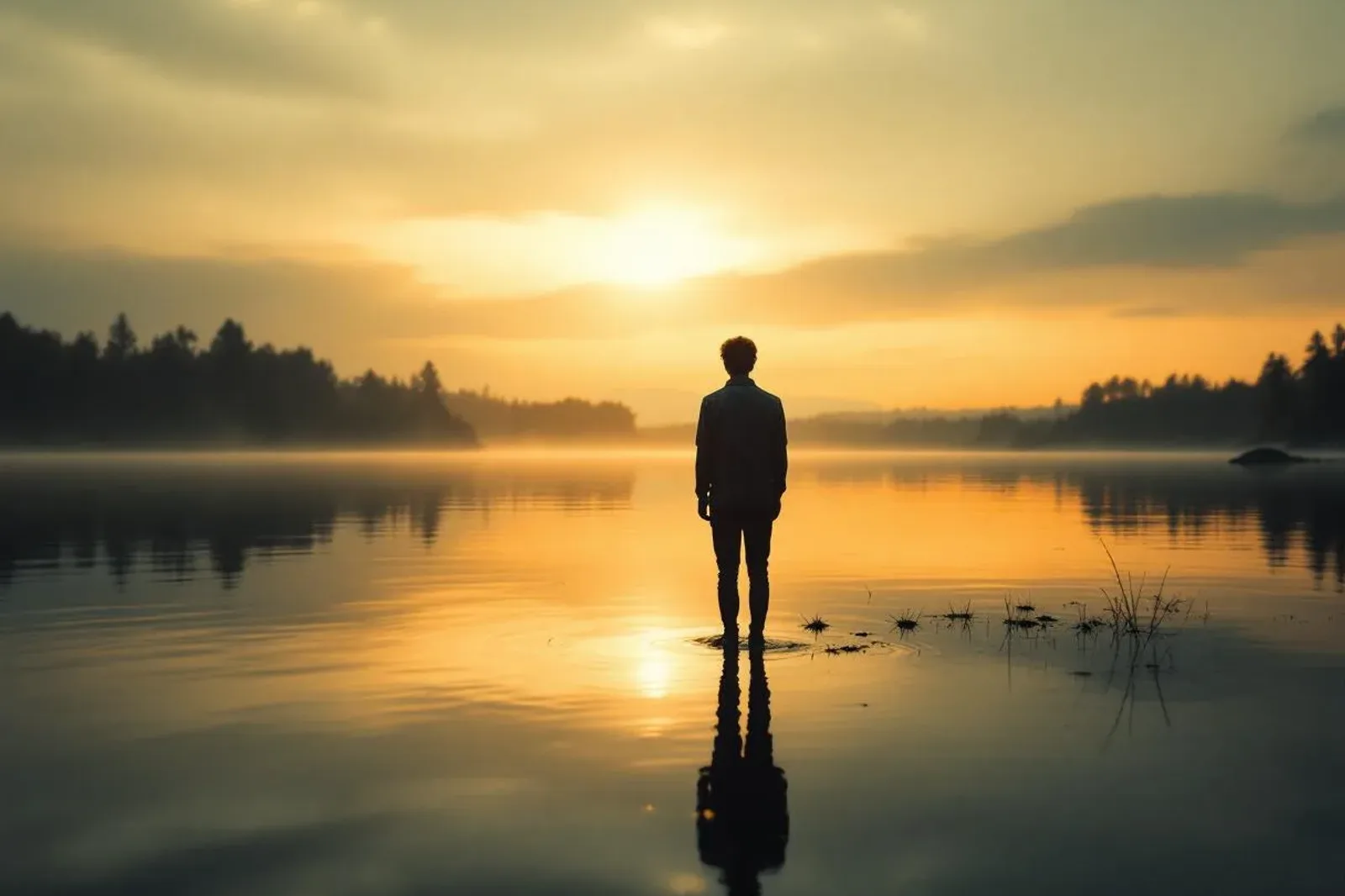 Person standing at the edge of a riverside path at first light, looking ahead with quiet hope